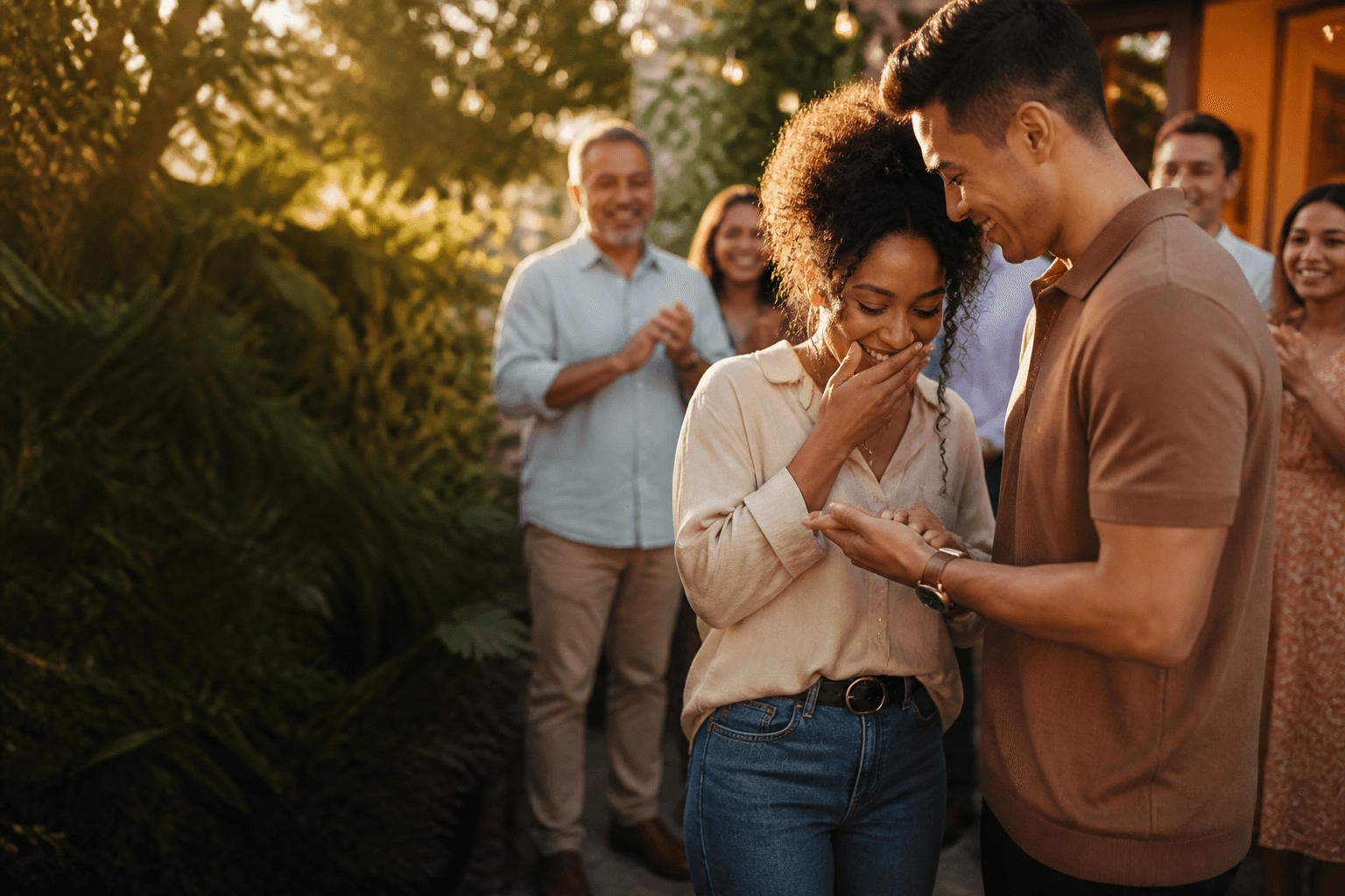 A couple celebrating their engagement with family and friends